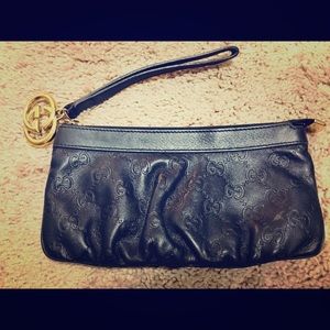 Authentic Gucci Black Leather Wristlet  Pouch